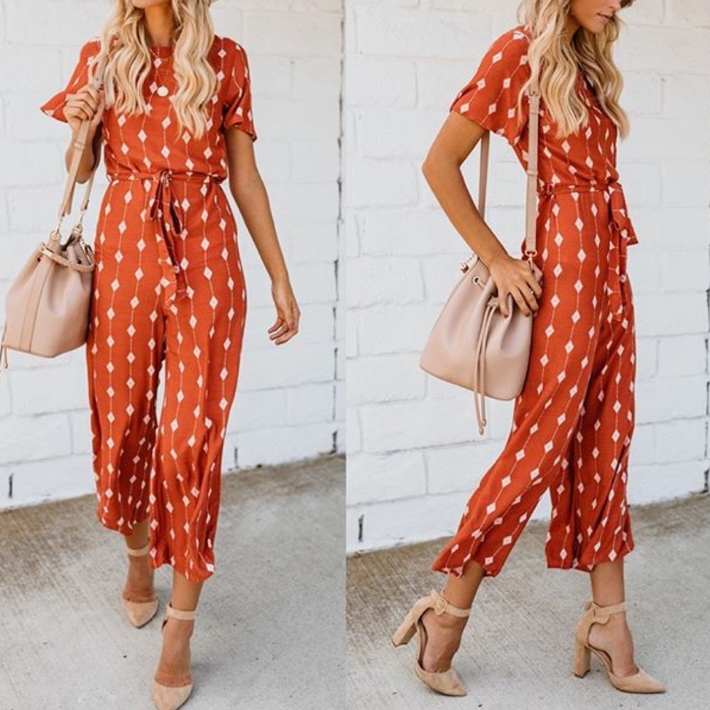 Tie Waist Cropped Length Jumpsuit Diamond Print - Picture 2 of 9